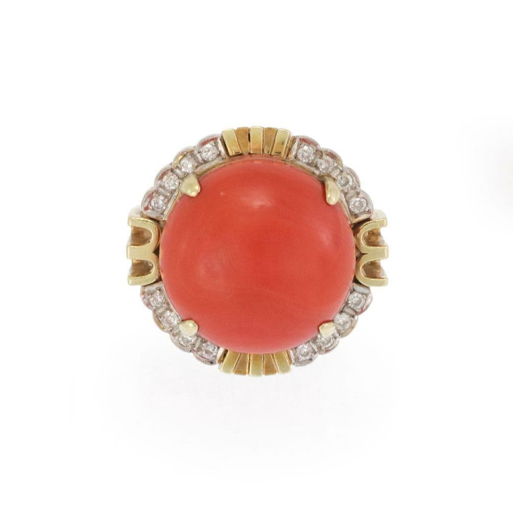 Vintage 14k Gold Diamond Coral Cocktail Ring 1ct Size 6.75: Vintage 14k Gold Diamond Coral Cocktail Ring 1ct Size 6.75 This stunning vintage cocktail ring features a striking large round cabochon fire red coral stone, measuring 21mm, elegantly set in a polishe