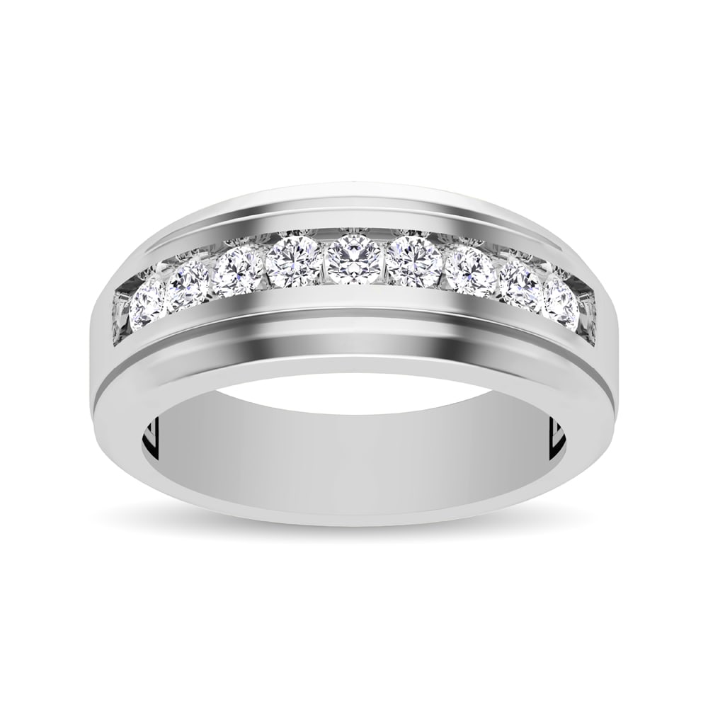 10K White Gold 1 Ct.Tw. Diamond 9 Stone Satin Finish Mens Band: 10K White Gold 1 Ct.Tw. Diamond 9 Stone Satin Finish Mens Band Honor the man you love with this handsome diamond Men?s Wedding Ring band. Created in 10K white gold, this bold design features a single 
