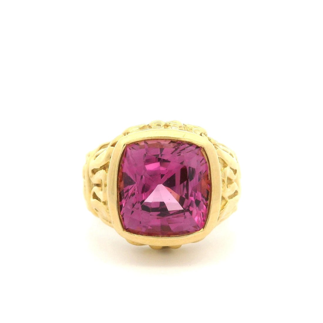 18k Yellow Gold GIA 7.6ct No Heat Burma Pink Spinel Ring: 18k Yellow Gold GIA 7.6ct No Heat Burma Pink Spinel Ring This exquisite 18k Yellow Gold GIA certified ring features a stunning 7.6ct natural pink spinel in a cushion shape. The vivid pink color of the