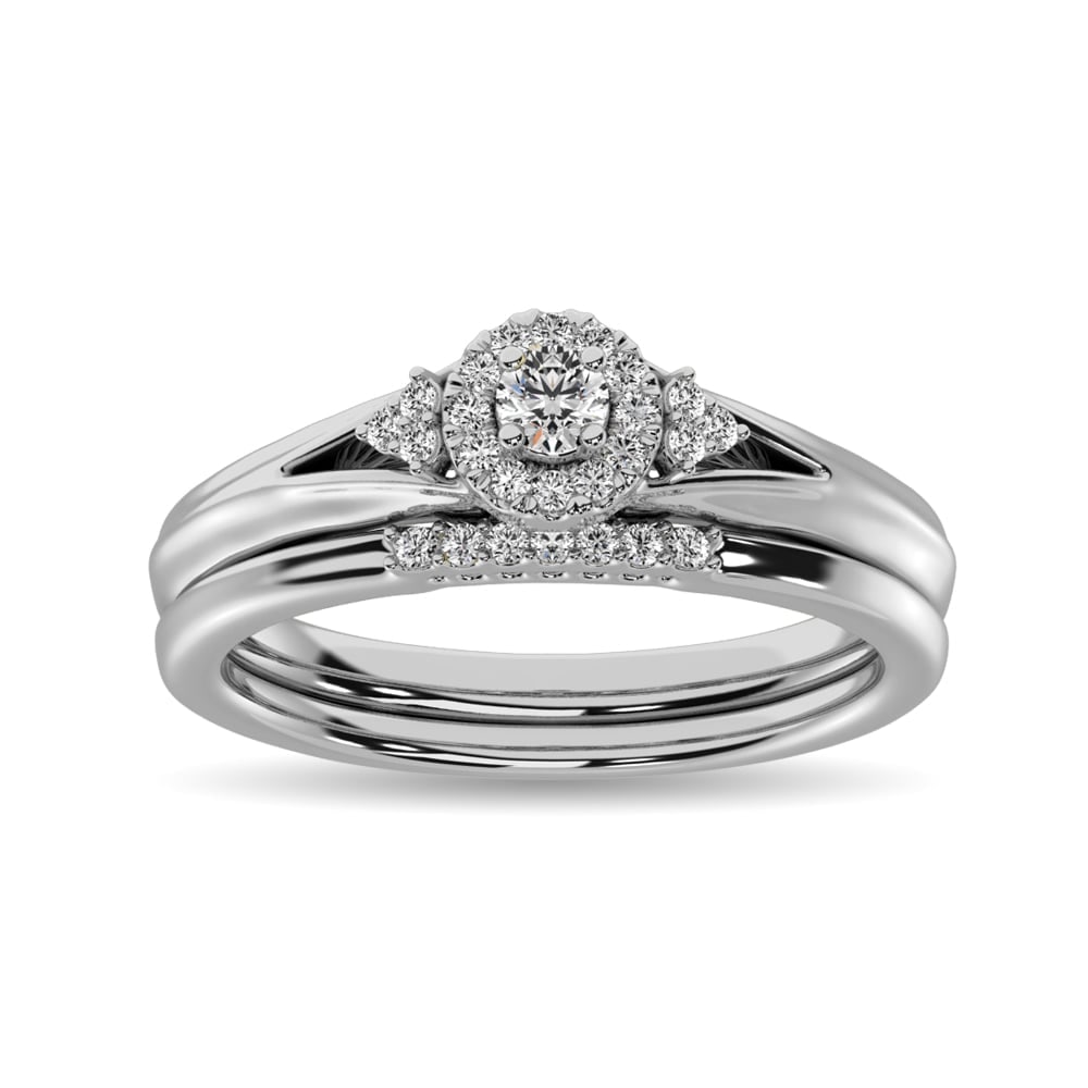Diamond Bridal Ring 1/4 Ct.tw in Round-cut 10K White Gold: Diamond Bridal Ring 1/4 Ct.tw in Round-cut 10K White Gold A brilliant round center diamond is framed by additional round diamonds in this captivating ring in 10K white gold. The matching Wedding