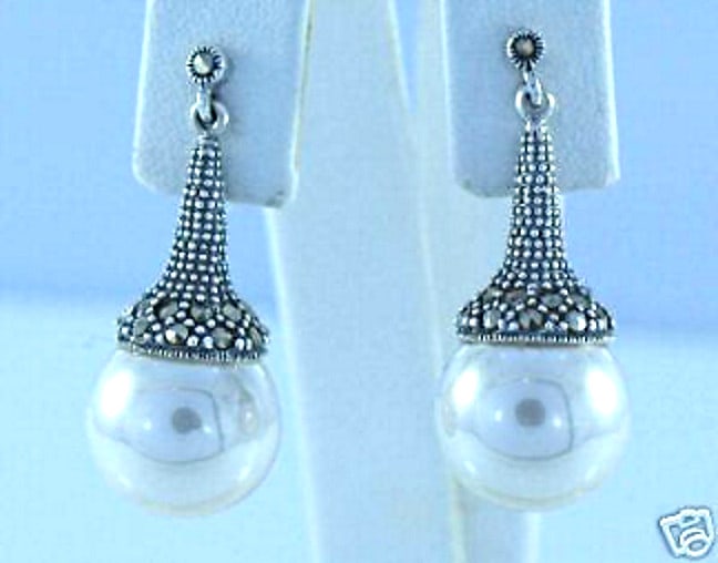 Elegant Sterling Silver Marcasite Pearl Drop Earrings 1.30 in (1 of 1)