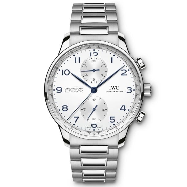 Portugieser Chronograph IW371605 Silver Dial Watch with Leather Band and Card 2020: Portugieser Chronograph IW371605 Silver Dial Watch with Leather Band and Card 2020 The IWC Portugieser Chronograph features a silver dial with a smooth bezel and is paired with a leather strap. This m