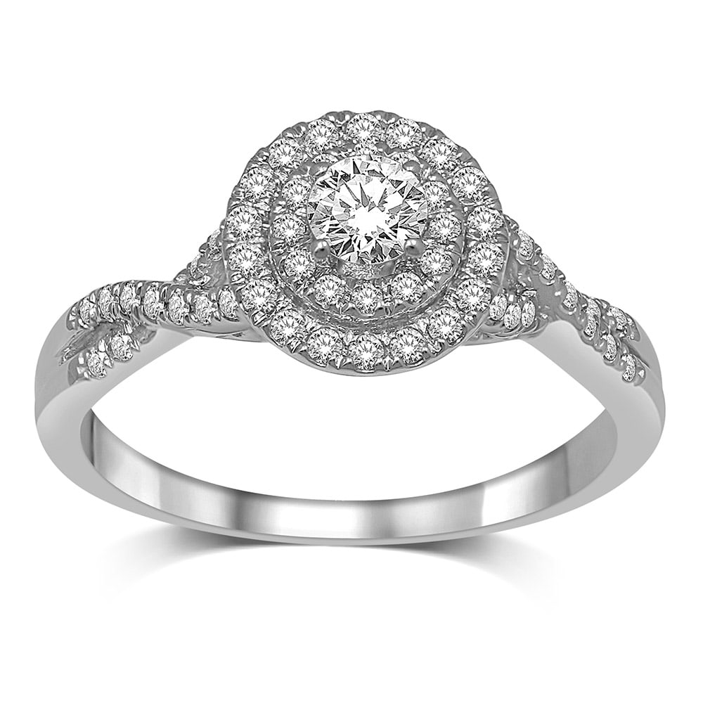 14K White Gold 1/2 Ct.Tw. Diamond Halo Engagement Ring: 14K White Gold 1/2 Ct.Tw. Diamond Halo Engagement Ring This amazing Halo Engagement Ring is available in 14K White Gold. There are 55 round diamonds with a total carat weight of 1/2 Ct.Tw. set in a mi