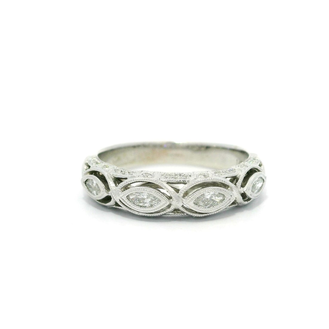 14k White Gold Milgrain Marquise Diamond Stack Wedding Band Ring: 14k White Gold Milgrain Marquise Diamond Stack Wedding Band Ring This exquisite 14k white gold stack wedding band features a stunning arrangement of natural diamonds, elegantly designed for a touch of