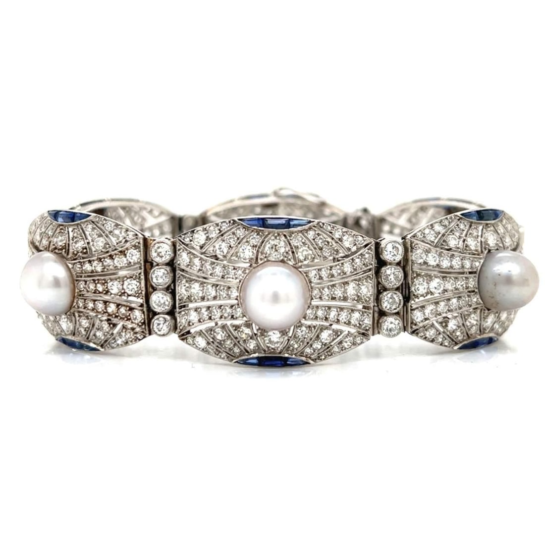 Art Deco Platinum Bracelet with Diamonds Pearls and Sapphires LFG Report: Art Deco Platinum Bracelet with Diamonds Pearls and Sapphires LFG Report This stunning Art Deco bracelet is crafted from platinum and features an exquisite combination of 456 European-cut diamonds, 6 