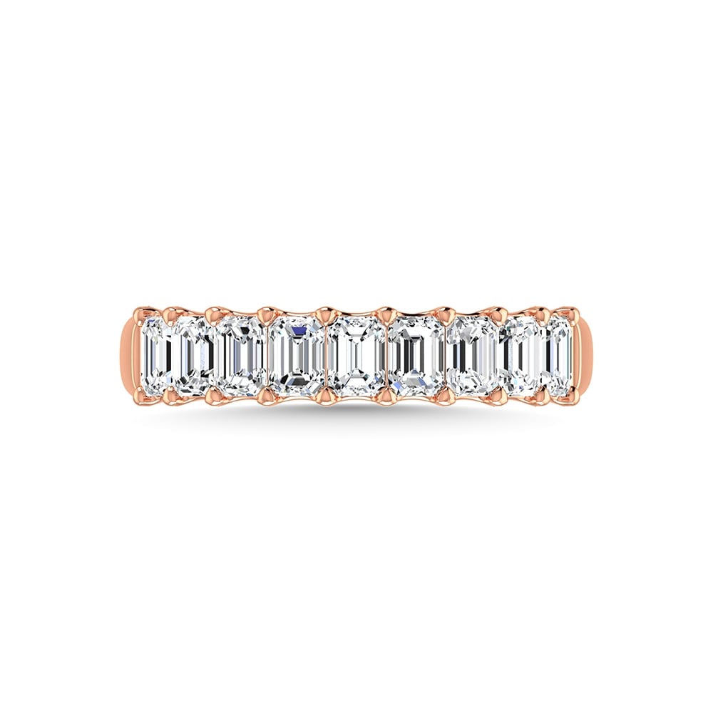 14K Rose Gold 3 3/4 Ct.Tw. Emerald Shape Diamond Half Way Eternity Band: 14K Rose Gold 3 3/4 Ct.Tw. Emerald Shape Diamond Half Way Eternity Band 14k Rose Gold Stone Color: G-h Stone Clarity: Si Each ring is presented in standard size 6.5. Complimentary resizing is availabl