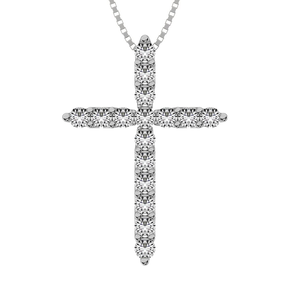 4 Prong Diamond 1/2 Ct.Tw. Cross Pendant: 4 Prong Diamond 1/2 Ct.Tw. Cross Pendant This graceful diamond cross pendant crafted in 10K white gold and sparkle with 16 shiny round cut diamonds. Polished to a bright shine, this 18.0-inch