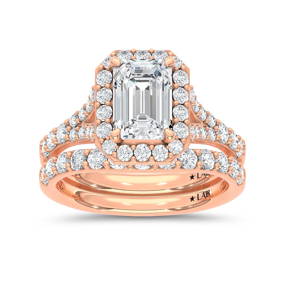 14K Rose Gold 3 Ct.Tw. Lab Grown Diamond Emerald Shape Bridal Ring (IGI Certified Center 2ct: 14K Rose Gold 3 Ct.Tw. Lab Grown Diamond Emerald Shape Bridal Ring (IGI Certified Center 2ct Emerald) 14k Rose Gold Stone Color: D-f Stone Clarity: Vs Each ring is presented in standard size 6.5.