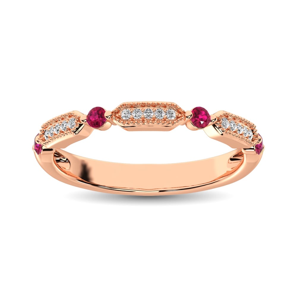 Diamond 1/5 Ct.Tw. And Ruby Stack Band in 14K Rose Gold ( 15 Diamond and 4 Ruby ): Diamond 1/5 Ct.Tw. And Ruby Stack Band in 14K Rose Gold ( 15 Diamond and 4 Ruby ) 14k Rose Gold Stone Color: G-h Stone Clarity: I1 Each ring is presented in standard size 6.5. Complimentary resizing