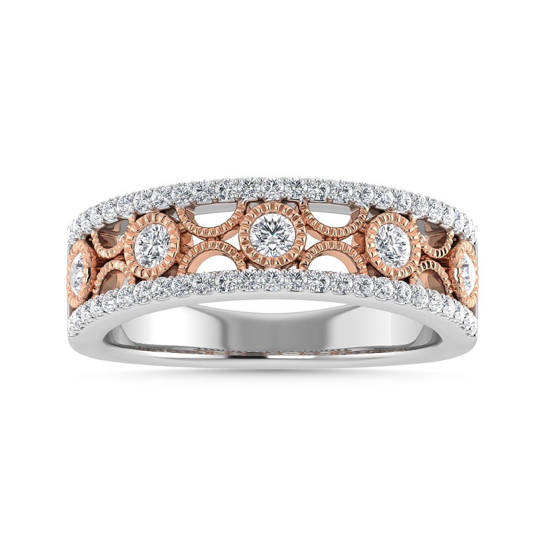 Diamond 1/2 Ct.Tw. Fashion Band in 14K Two Tone: Diamond 1/2 Ct.Tw. Fashion Band in 14K Two Tone 14k Two Tone Stone Color: G-h Stone Clarity: I1 Each ring is presented in standard size 6.5. Complimentary resizing is available between sizes 510 (in