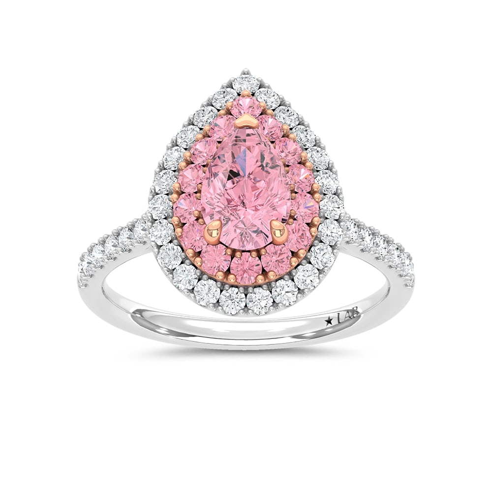 14K Two Tone Lab Grown Diamond 1 7/8 Ct.Tw. Pink Pear Engagement Ring (Center 1ct): 14K Two Tone Lab Grown Diamond 1 7/8 Ct.Tw. Pink Pear Engagement Ring (Center 1ct) 14K Two Tone Lab Grown Diamond 1 7/8 Ct.Tw. Pink Pear Engagement Ring surrounded by pink round diamonds. (Center