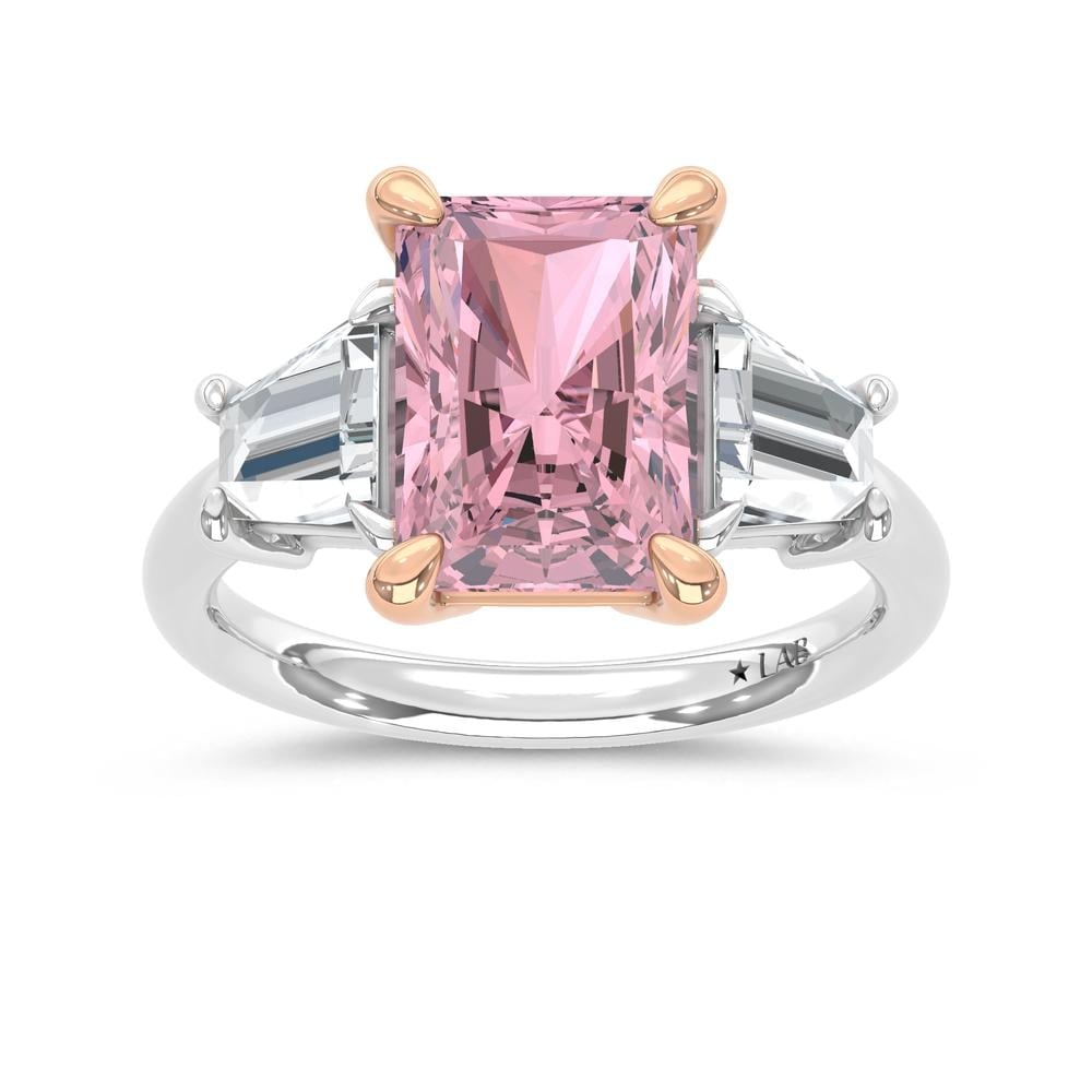 14K Two Tone Lab Grown Diamond 4 1/5 Ct.Tw. Pink Radiant Engagement Ring (Center 3ct): 14K Two Tone Lab Grown Diamond 4 1/5 Ct.Tw. Pink Radiant Engagement Ring (Center 3ct) Celebrate love in unparalleled style with this 14K Two-Tone Gold Engagement Ring, featuring a dazzling 3-carat