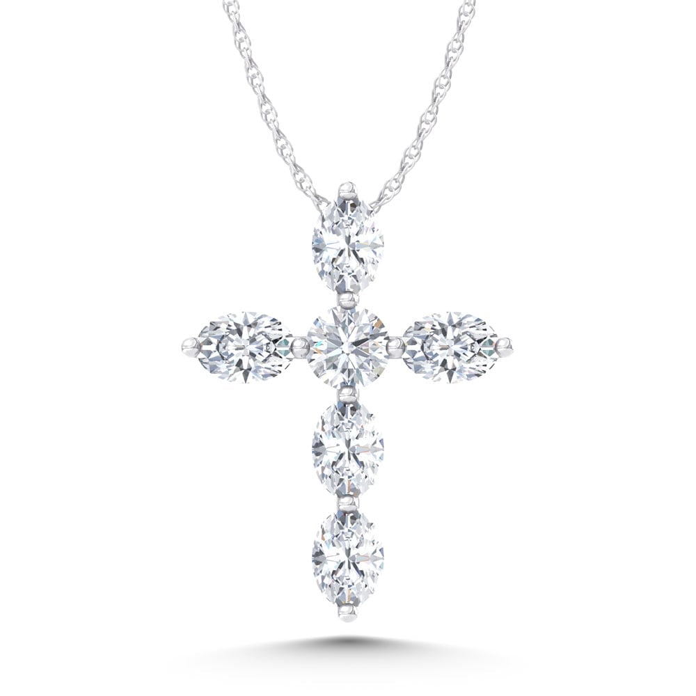 14K White Gold Lab Grown Diamond 1 Ct.Tw. Round and Oval Cross Pendant: 14K White Gold Lab Grown Diamond 1 Ct.Tw. Round and Oval Cross Pendant Polished 14K white gold frames round and oval lab-grown diamonds totaling 1 carat total weight in this elegant cross pendant.