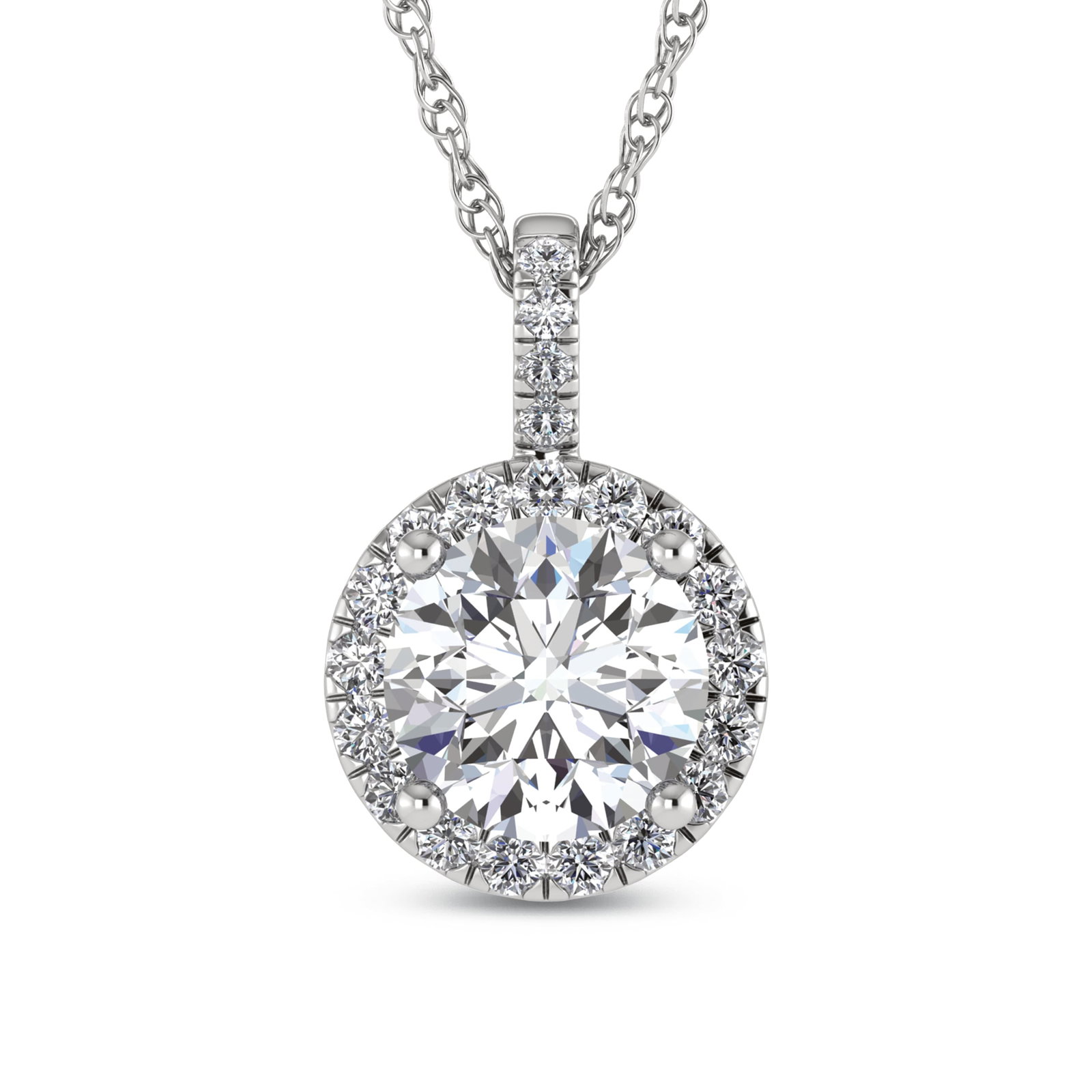 14K White Gold Lab Grown Diamond 2 1/2 Ct.Tw. Fashion Pendant (Round Center 2 ct): 14K White Gold Lab Grown Diamond 2 1/2 Ct.Tw. Fashion Pendant (Round Center 2 ct) This luxurious 14K white gold fashion pendant highlights a 2 CT round center diamond with total lab-grown diamond