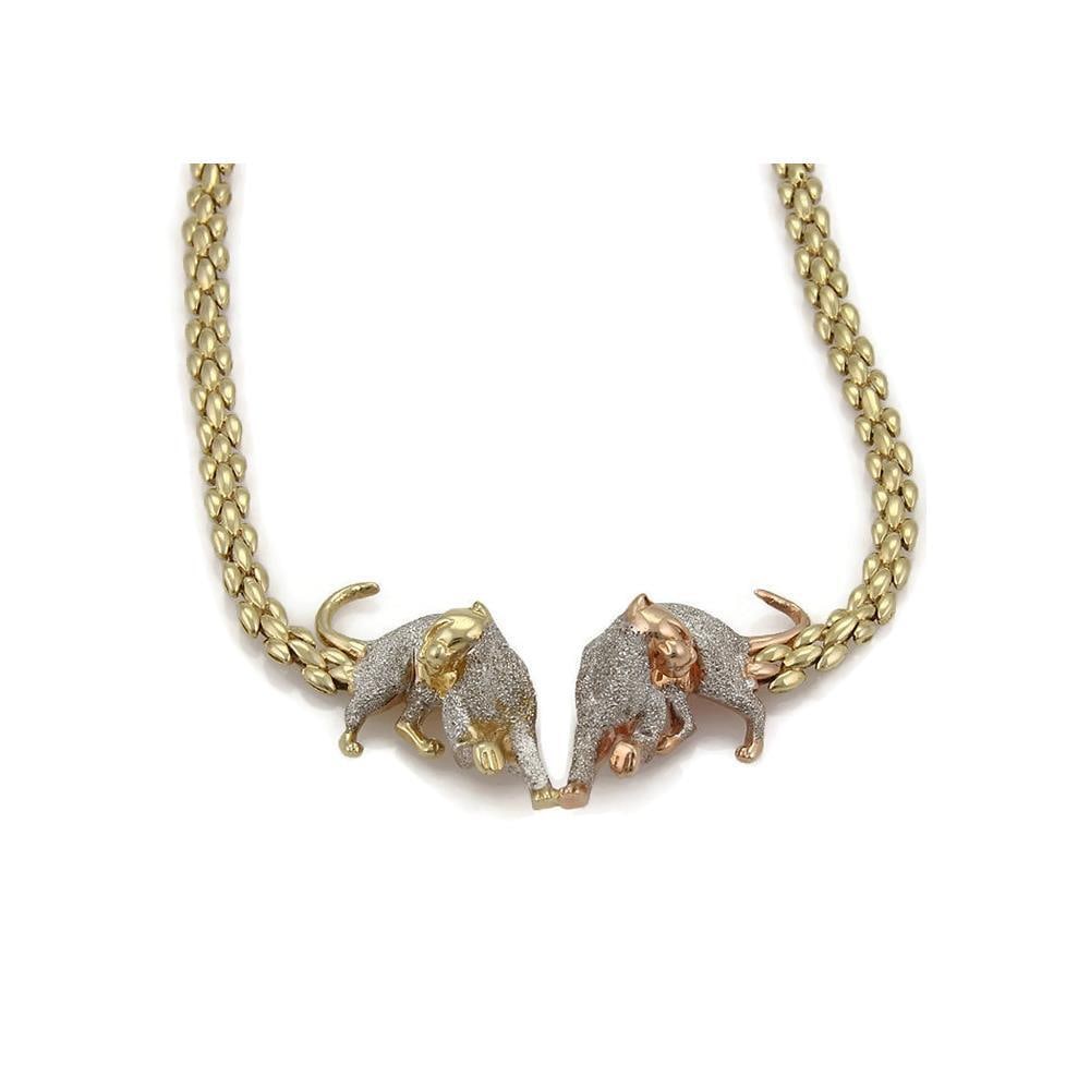 Estate 14k Tricolor Gold Double Panther Pendant Rice Link Necklace: Estate 14k Tricolor Gold Double Panther Pendant Rice Link Necklace This exquisite estate necklace is crafted from 14k tricolor gold, featuring a captivating design with two intricately sculpted panthe