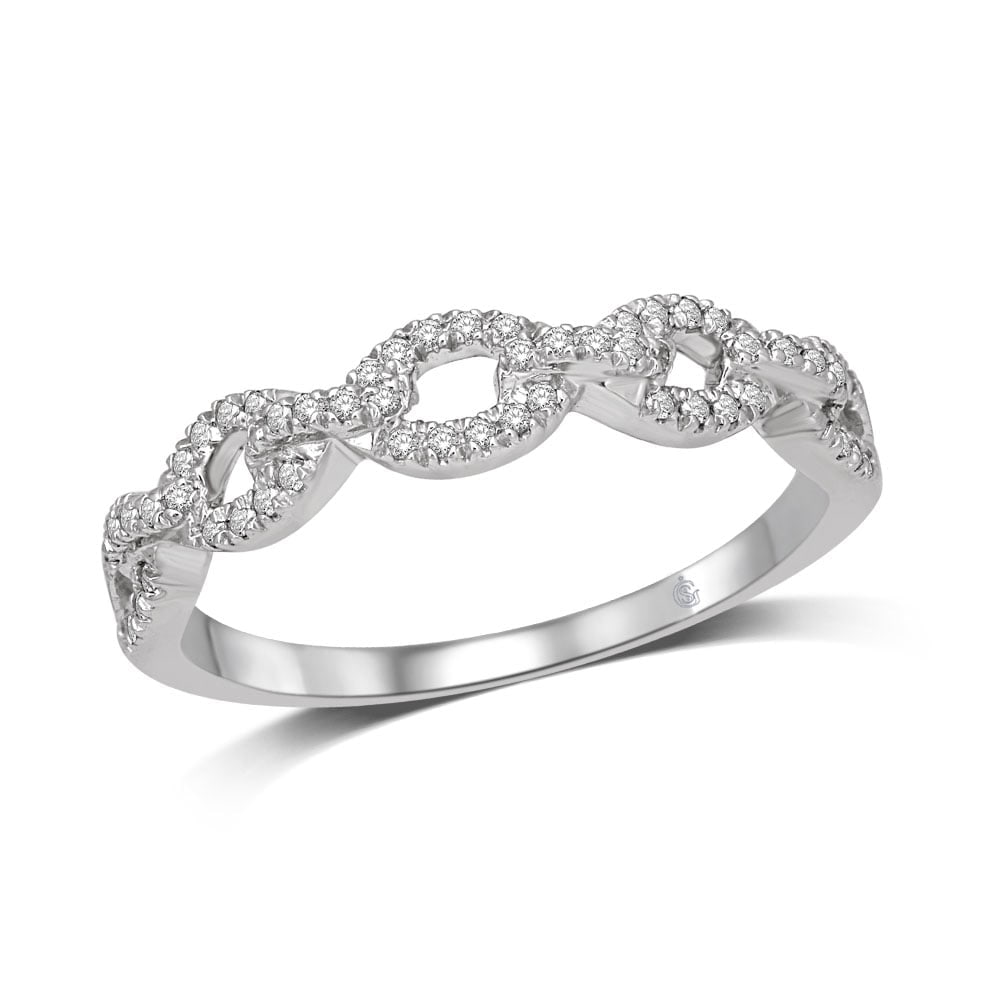 14K White Gold 1/6 Ct.Tw. Diamond Stackable Band: 14K White Gold 1/6 Ct.Tw. Diamond Stackable Band This glamorous ring is available in 14K White Gold. There are 60 round diamonds with a total carat weight of 1/6 Ct.Tw. set in a micro prong setting.