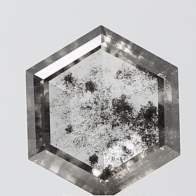 Loose Diamond - HEXAGONAL 2.38ct Salt and Pepper I2: Loose Diamond - HEXAGONAL 2.38ct Salt and Pepper I2 Source: This is a real non-mined Diamond that has been grown in a lab Shape: HEXAGONAL Carats: 2.38 Color: Salt and Pepper Certification: NONE