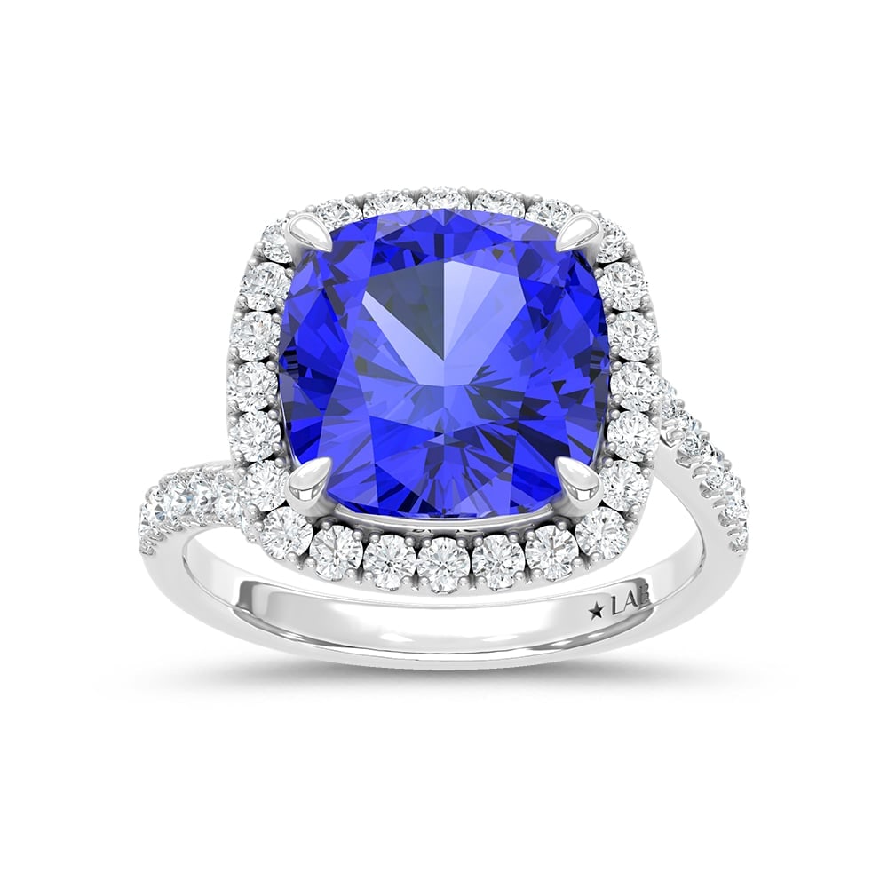 14K White Gold Lab Grown Diamond 8 1/2 Ct.Tw. Cushion Shape Recrystalized Blue Sapphire Engagement: 14K White Gold Lab Grown Diamond 8 1/2 Ct.Tw. Cushion Shape Recrystalized Blue Sapphire Engagement Ring (Center 7 3/4 ct) Make a statement of timeless elegance with this 14K white gold engagement
