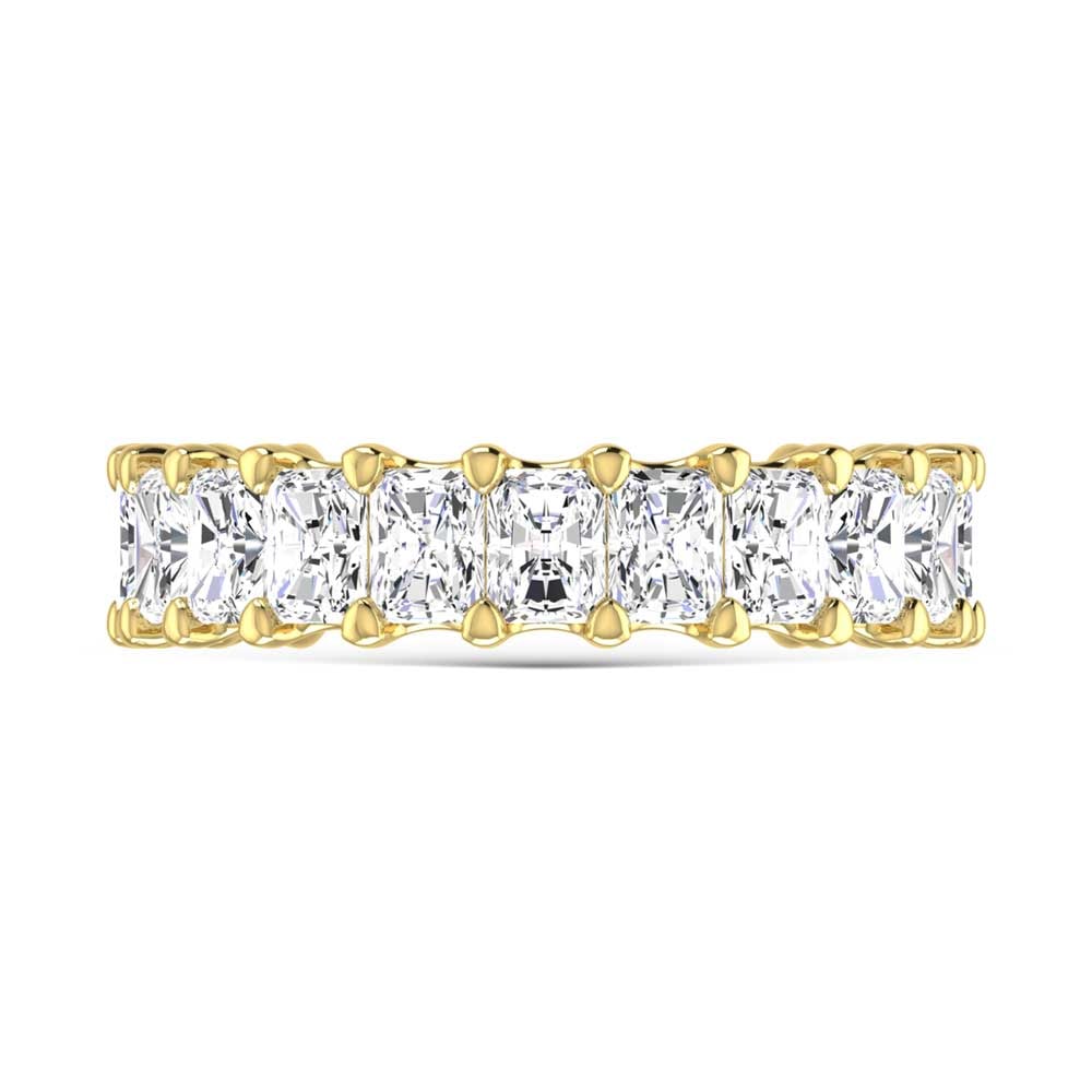 18K Yellow Gold 4 1/4 CT Tw. Radiant Shape Lab Grown Diamond Three Forth Eternity Band: 18K Yellow Gold 4 1/4 CT Tw. Radiant Shape Lab Grown Diamond Three Forth Eternity Band 18k Yellow Gold Stone Color: F Stone Clarity: Vs Each ring is presented in standard size 6.5. Complimentary resiz