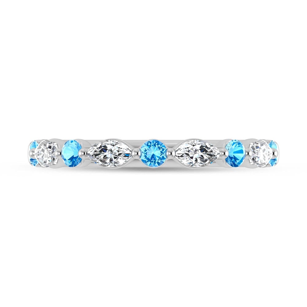 14K White Gold Alternate Blue and White Lab Grown Diamond 1/2 Ct.Tw. Stackable Band: 14K White Gold Alternate Blue and White Lab Grown Diamond 1/2 Ct.Tw. Stackable Band 14k White Gold Stone Color: D-f Stone Clarity: Vs Each ring is presented in standard size 6.5. Complimentary
