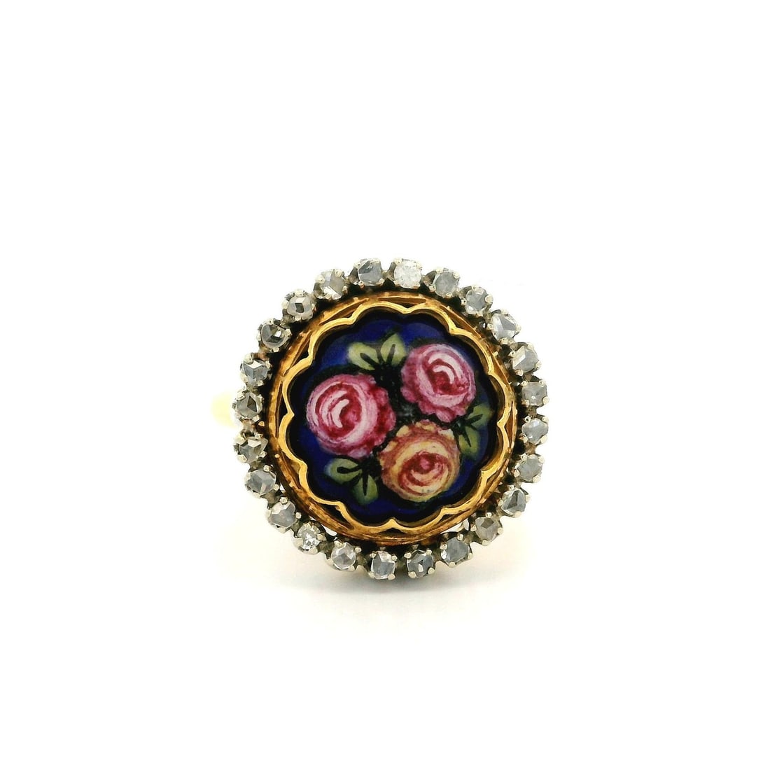 Vintage Toliro 18k Gold Flower Cocktail Ring with Diamond Halo: Vintage Toliro 18k Gold Flower Cocktail Ring with Diamond Halo This exquisite vintage cocktail ring by Toliro features a stunning hand-painted flower design surrounded by a halo of diamonds. Crafted