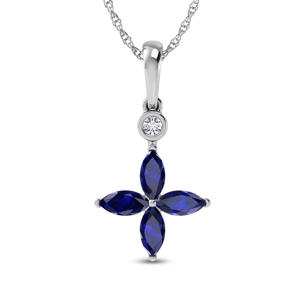 14K White Gold Diamond 1 1/4 Ct.Tw. & Blue Sapphire Fashion Pendant: 14K White Gold Diamond 1 1/4 Ct.Tw. & Blue Sapphire Fashion Pendant 14k White Gold Stone Color: G-h Stone Clarity: Si2 Unless otherwise specified, pendants that include a chain are paired with our sta