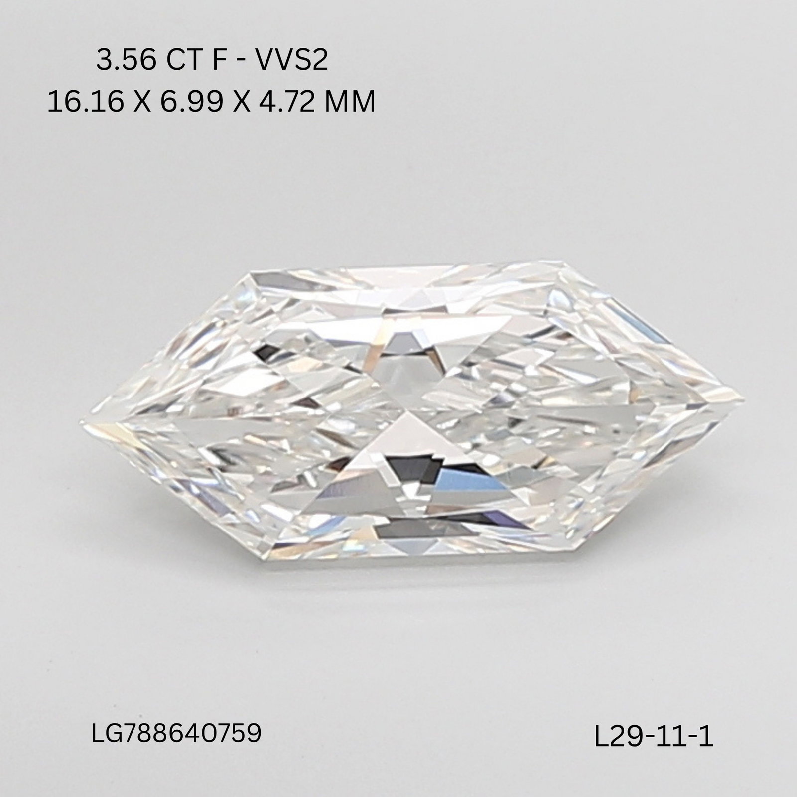 Loose Diamond - HEXAGONAL 3.56ct F VVS2: Loose Diamond - HEXAGONAL 3.56ct F VVS2 Source: This is a real non-mined Diamond that has been grown in a lab Shape: HEXAGONAL Carats: 3.56 Color: F Clarity: VVS2 Certification: IGI Video:
