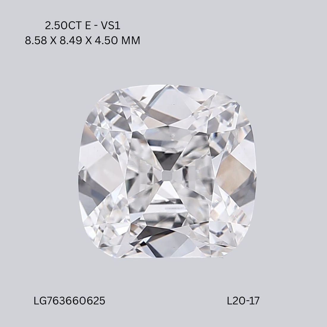 Loose Diamond - CUSHION MODIFIED 2.5ct E VS1: Loose Diamond - CUSHION MODIFIED 2.5ct E VS1 Source: This is a real non-mined Diamond that has been grown in a lab Shape: CUSHION MODIFIED Carats: 2.5 Color: E Clarity: VS1 Certification: IGI Video: