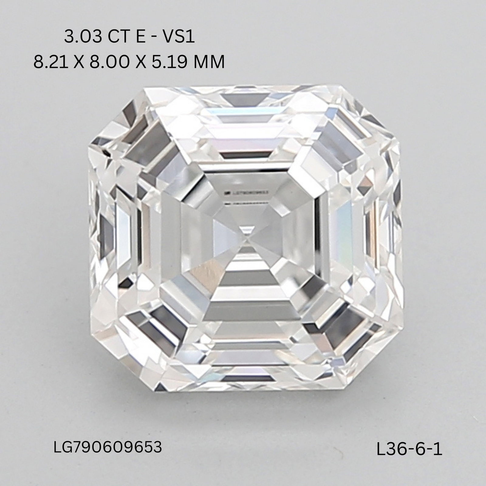 Loose Diamond - ASSCHER 3.03ct E VS1: Loose Diamond - ASSCHER 3.03ct E VS1 Source: This is a real non-mined Diamond that has been grown in a lab Shape: ASSCHER Carats: 3.03 Color: E Clarity: VS1 Certification: IGI Video: