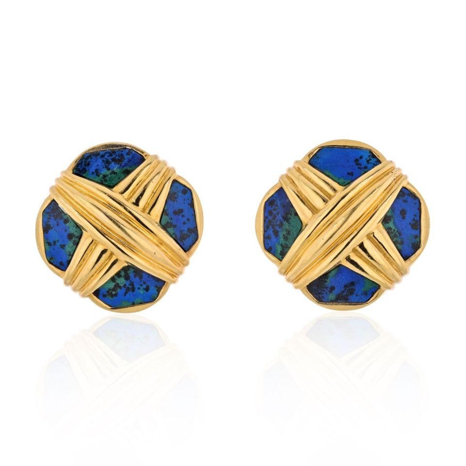 David Webb Platinum 18K Yellow Gold Azurmalachite X-Shaped Earrings: David Webb Platinum 18K Yellow Gold Azurmalachite X-Shaped Earrings These exquisite earrings feature a striking combination of Platinum and 18K Yellow Gold, showcasing David Webb's signature Azurmalac