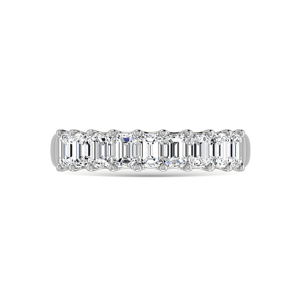 18K White Gold 1 Ct.Tw. Emerald Shape Diamond Half Way Eternity Band: 18K White Gold 1 Ct.Tw. Emerald Shape Diamond Half Way Eternity Band 18k White Gold Stone Color: G-h Stone Clarity: Si Each ring is presented in standard size 6.5. Complimentary resizing is available 