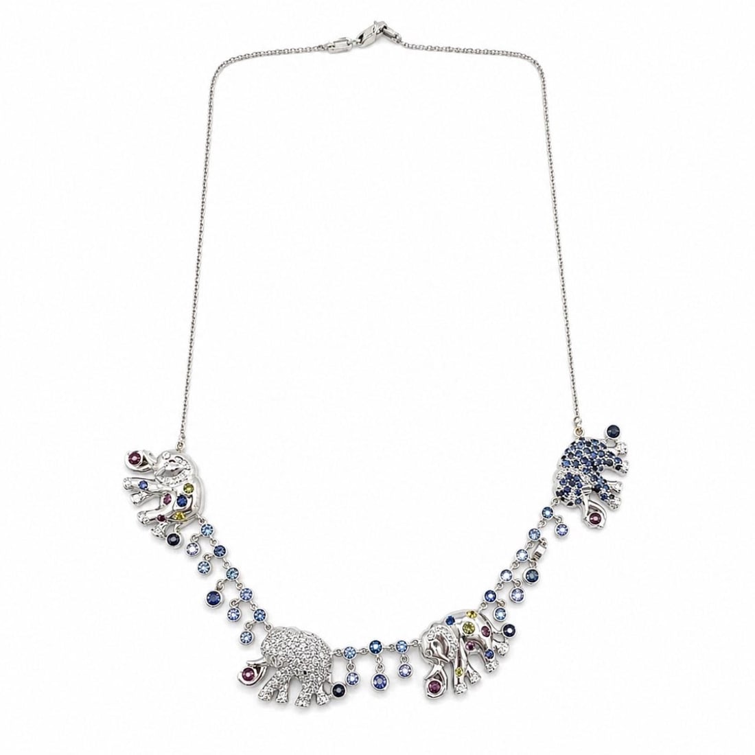 Diamond and Color Stone Elephant Charm Necklace 18K White Gold: Diamond and Color Stone Elephant Charm Necklace 18K White Gold This elegant elephant charm necklace is crafted from 18K white gold and features approximately 2.00 carats of diamonds with G-I color and