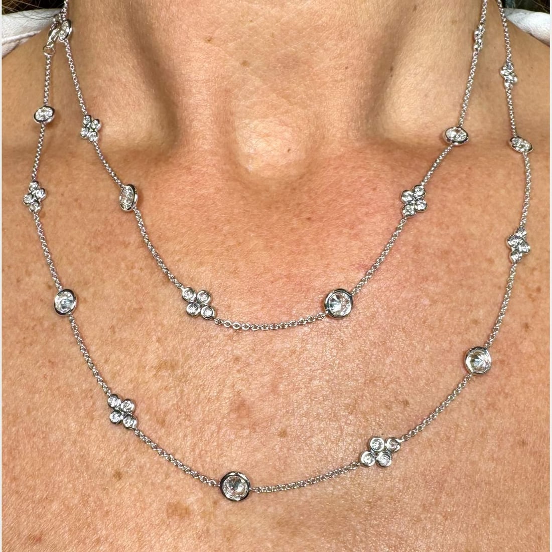 18K White Gold 9.00 Ct Diamond by the Yard Necklace 36 Inches: 18K White Gold 9.00 Ct Diamond by the Yard Necklace 36 Inches This exquisite 18K White Gold Diamond by the Yard Necklace features a stunning arrangement of 75 diamonds, totaling approximately 9.00 car