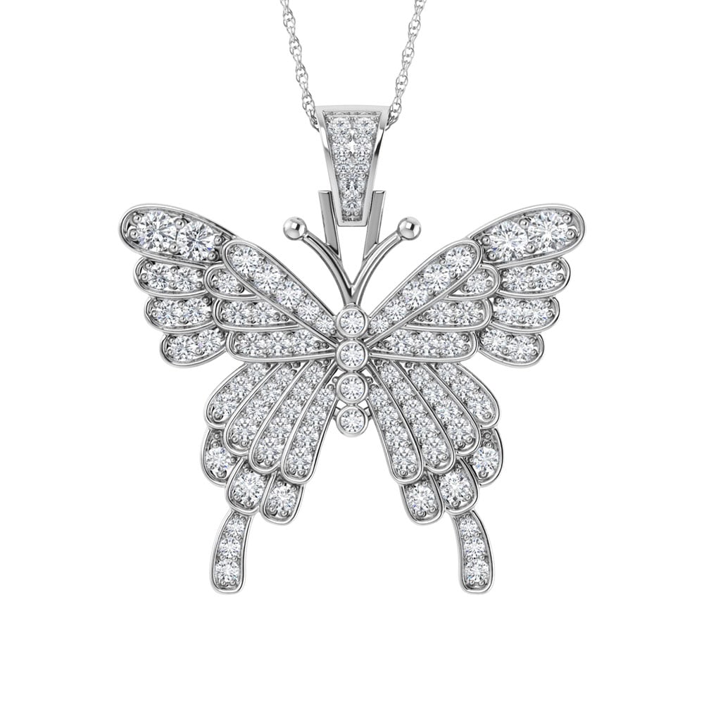 Diamond 1 3/8 Ct.Tw. Butterfly Pendant in 10K White Gold: Diamond 1 3/8 Ct.Tw. Butterfly Pendant in 10K White Gold 10k White Gold Stone Color: G-h Stone Clarity: I3 Unless otherwise specified, pendants that include a chain are paired with our standard 18-inc