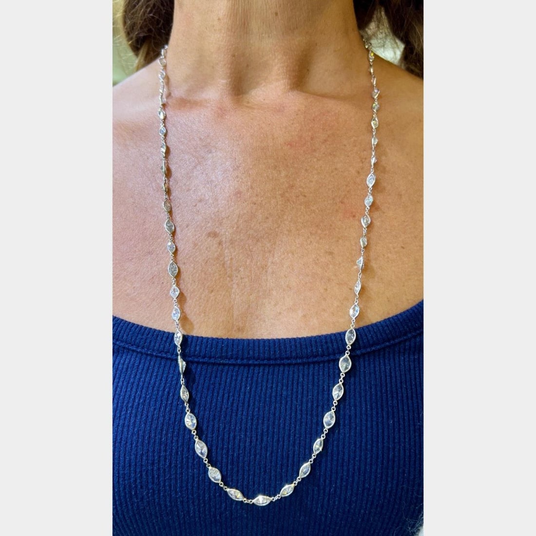 33 Ct Marquise Diamond by the Yard Necklace in Platinum: 33 Ct Marquise Diamond by the Yard Necklace in Platinum This exquisite Platinum 33.00 Ct. Diamond by the Yard Necklace features a stunning arrangement of 61 Marquise Diamonds, collectively weighing ap