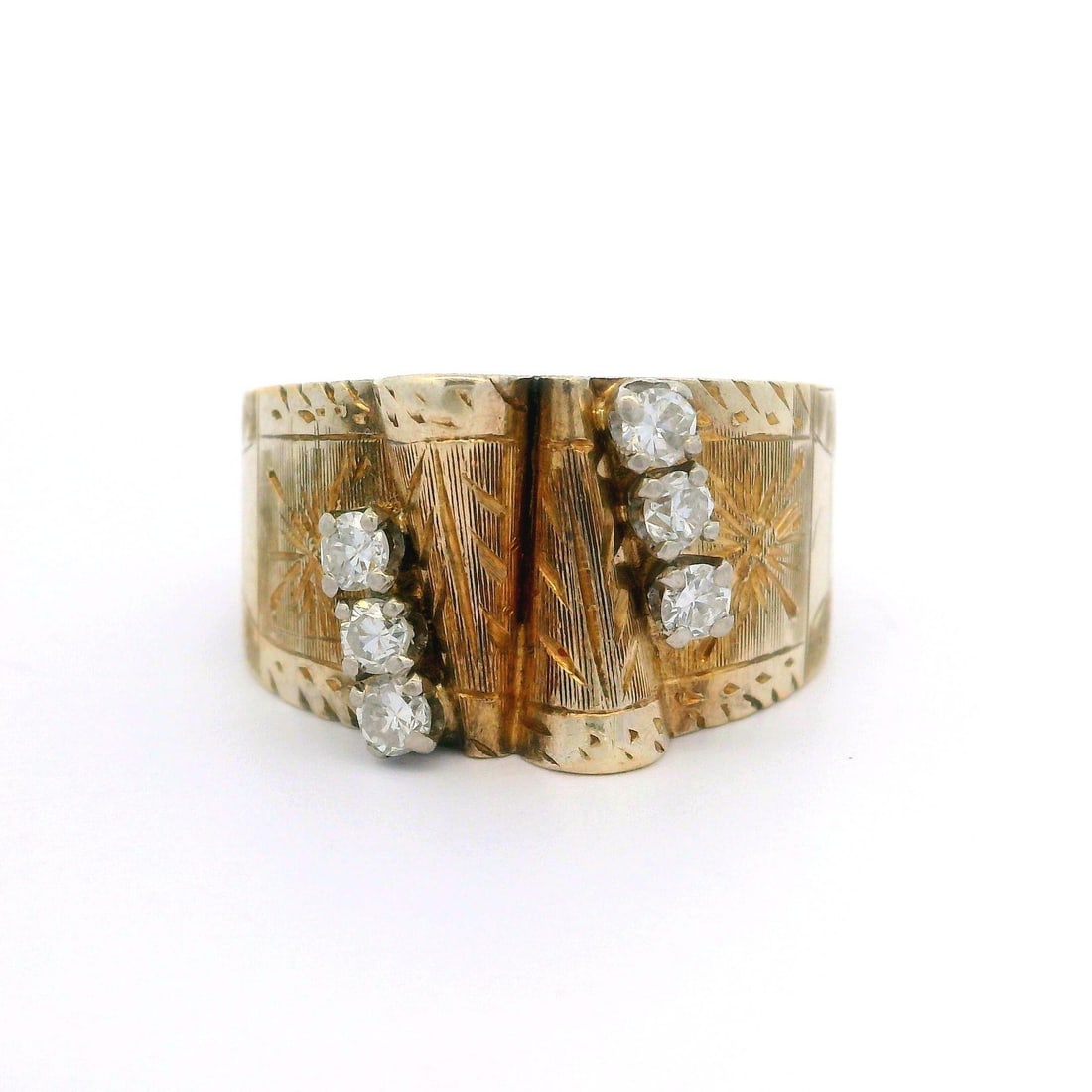 Vintage 14k Yellow Gold 0.25ct Old Cut Diamond Engraved Band Ring: Vintage 14k Yellow Gold 0.25ct Old Cut Diamond Engraved Band Ring This exquisite vintage retro band ring is crafted from solid 14k yellow gold and showcases a stunning arrangement of six old round cut