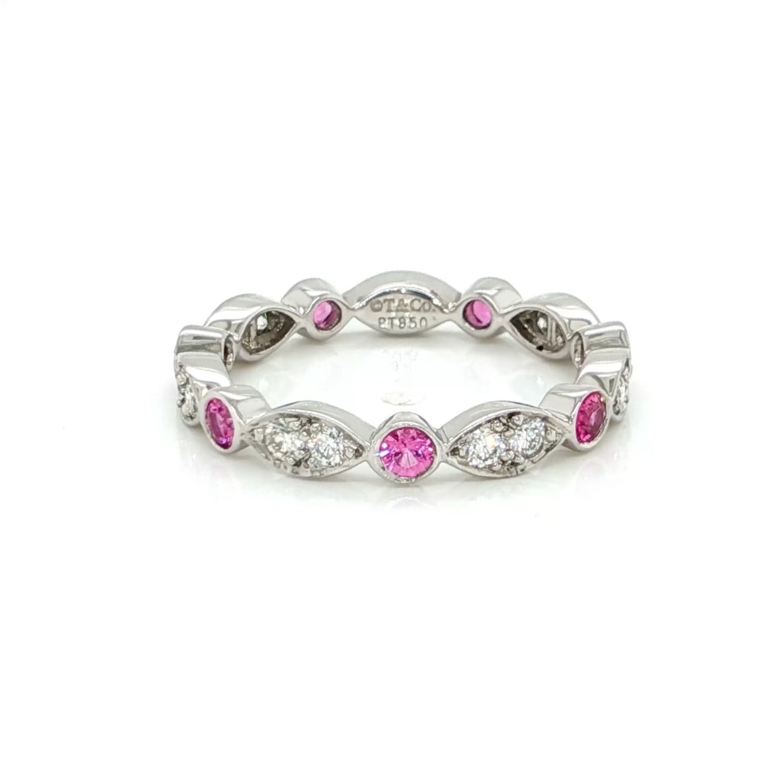 Tiffany & Co Jazz platinum band ring diamonds pink sapphires size 6: Tiffany & Co Jazz platinum band ring diamonds pink sapphires size 6 This Tiffany & Co. Jazz band ring is crafted from platinum (Pt950) and showcases an eternity-style design with alternating natural d
