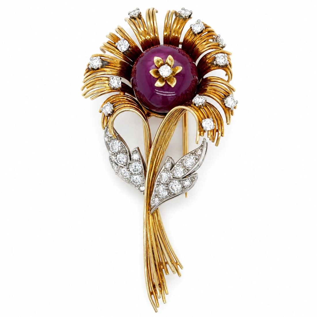 18K Gold Flower Brooch with Ruby and 31 Diamonds (1 of 5)