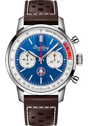 Top Time Blue Dial Chronograph AB01763A1C1X1 Leather Strap with Card: Top Time Blue Dial Chronograph AB01763A1C1X1 Leather Strap with Card This Breitling Top Time watch features a striking blue dial and is paired with a leather strap for a classic look. The model is ide