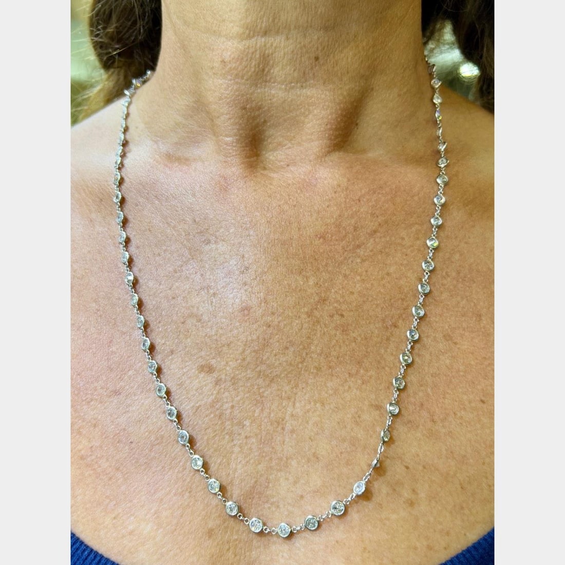 Platinum 15.50 Ct European-cut Diamond Necklace 24 inches: Platinum 15.50 Ct European-cut Diamond Necklace 24 inches This exquisite Platinum by the Yard Necklace features 66 stunning European-cut diamonds, totaling approximately 15.50 carats. The diamonds are