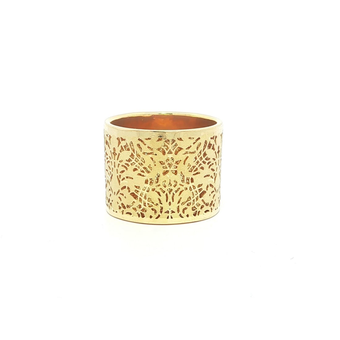 Wide Floral Filigree Band in 14k Yellow Gold Size 7: Wide Floral Filigree Band in 14k Yellow Gold Size 7 This women's eternity band ring features a wide, textured floral filigree design crafted in solid 14k yellow gold. The ring has a pierced, cigar-sty