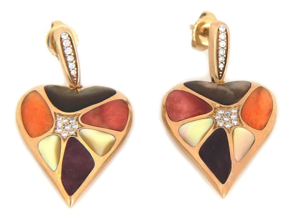 Kabana heart dangle earrings 14k yellow gold spiny oyster mother of pearl diamonds: Kabana heart dangle earrings 14k yellow gold spiny oyster mother of pearl diamonds These Kabana heart-shaped dangle earrings are crafted from 14k yellow gold and feature inlay gemstones of spiny oyste