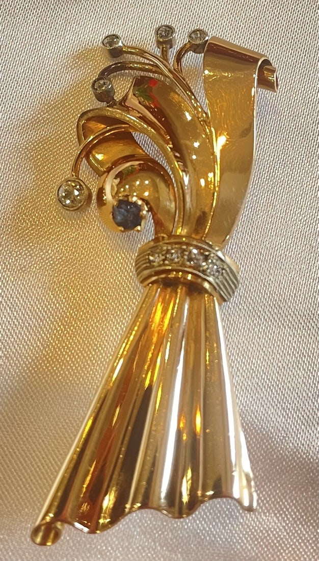 1920s Austrian Retro 18K Rose Gold Diamond Sapphire Brooch (1 of 6)