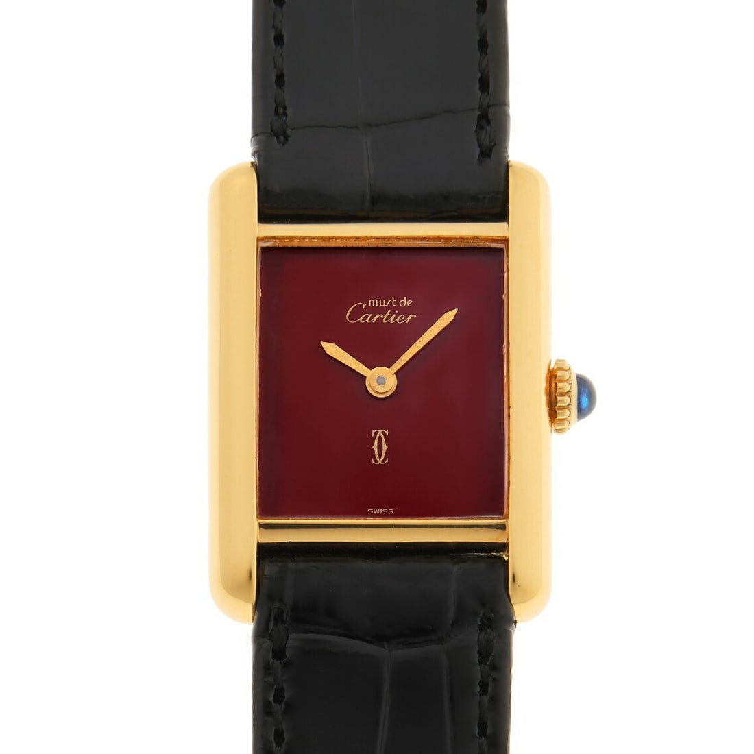 Cartier Must Tank SM Bordeaux Dial Leather Manual Wristwatch: Cartier Must Tank SM Bordeaux Dial Leather Manual Wristwatch This vintage Cartier Must Tank SM manual wristwatch from the 1970s features a striking Bordeaux dial and a classic leather strap. Designed 