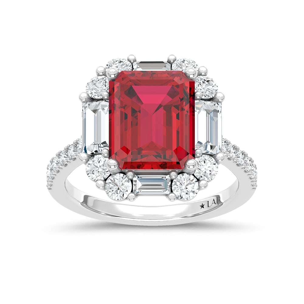 14K White Gold Lab Grown Diamond 6 Ct.Tw. Cushion Shape Recrystalized Ruby Engagement Ring (Center 4: 14K White Gold Lab Grown Diamond 6 Ct.Tw. Cushion Shape Recrystalized Ruby Engagement Ring (Center 4 1/2 ct) Exude sophistication with this 14K white gold engagement ring, featuring a magnificent 4 1/