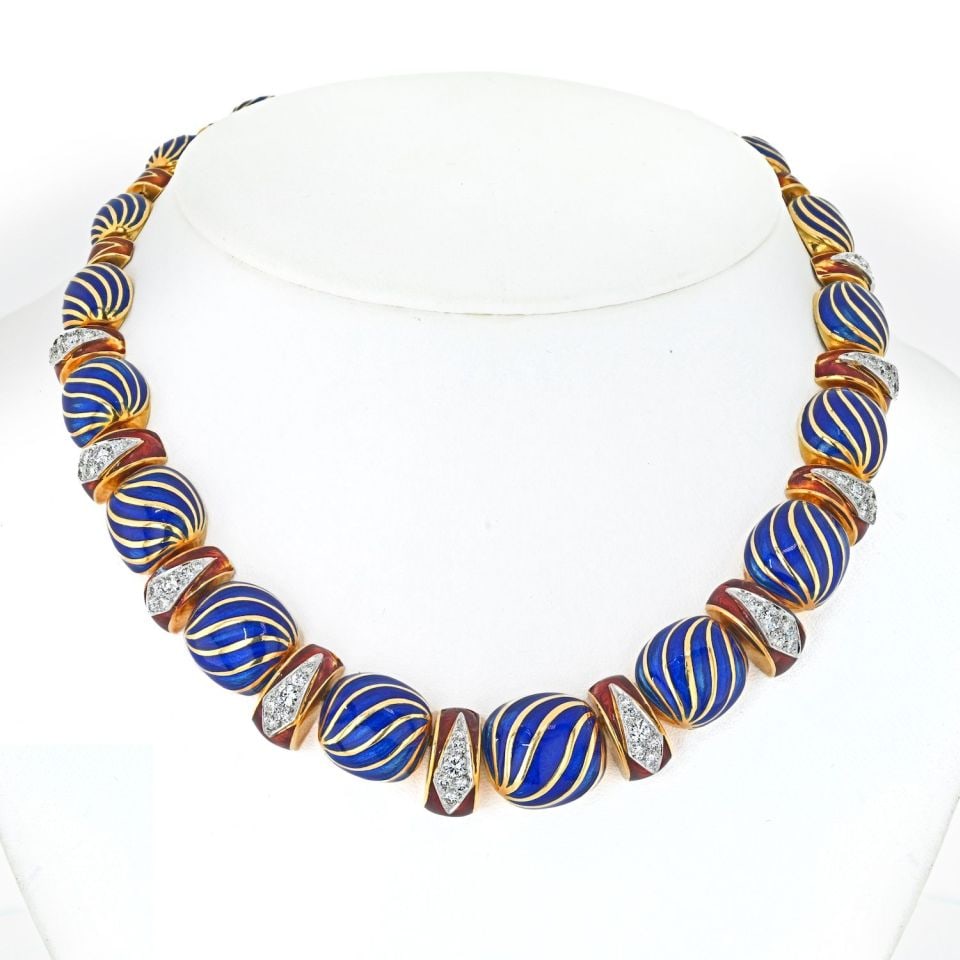 David Webb Platinum 18K Yellow Gold Blue Enamel Necklace 2.5 Cts Diamonds: David Webb Platinum 18K Yellow Gold Blue Enamel Necklace 2.5 Cts Diamonds This exquisite necklace by David Webb showcases a stunning combination of platinum and 18K yellow gold, complemented by vibran