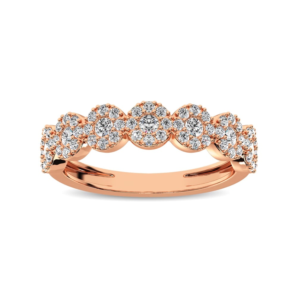 14K Rose Gold 5/8 Ct.Tw. Diamond Round Frame Stackable Band: 14K Rose Gold 5/8 Ct.Tw. Diamond Round Frame Stackable Band This stunning ring is available in 14K Rose Gold. There are 63 round diamonds with a total carat weight of 5/8 Ct.Tw. set in a Prong / Share