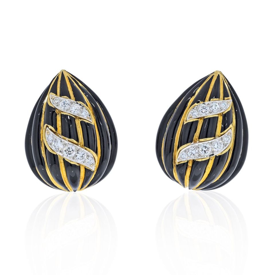 David Webb 18K Yellow Gold Black Enamel Diamond Clip Earrings: David Webb 18K Yellow Gold Black Enamel Diamond Clip Earrings Exquisite David Webb earrings featuring a stunning combination of 18K yellow gold and platinum, adorned with black enamel and sparkling ro