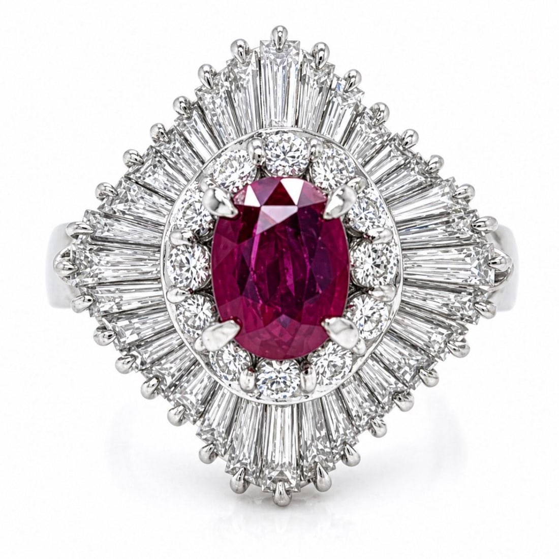 Platinum Ring with 1 Carat Ruby and 1.46 Carats Diamonds Size 5.25: Platinum Ring with 1 Carat Ruby and 1.46 Carats Diamonds Size 5.25 This platinum ring features a 1.00 carat ruby at its center, complemented by 1.46 carats of diamonds with G-H color and VVS-VS clarit