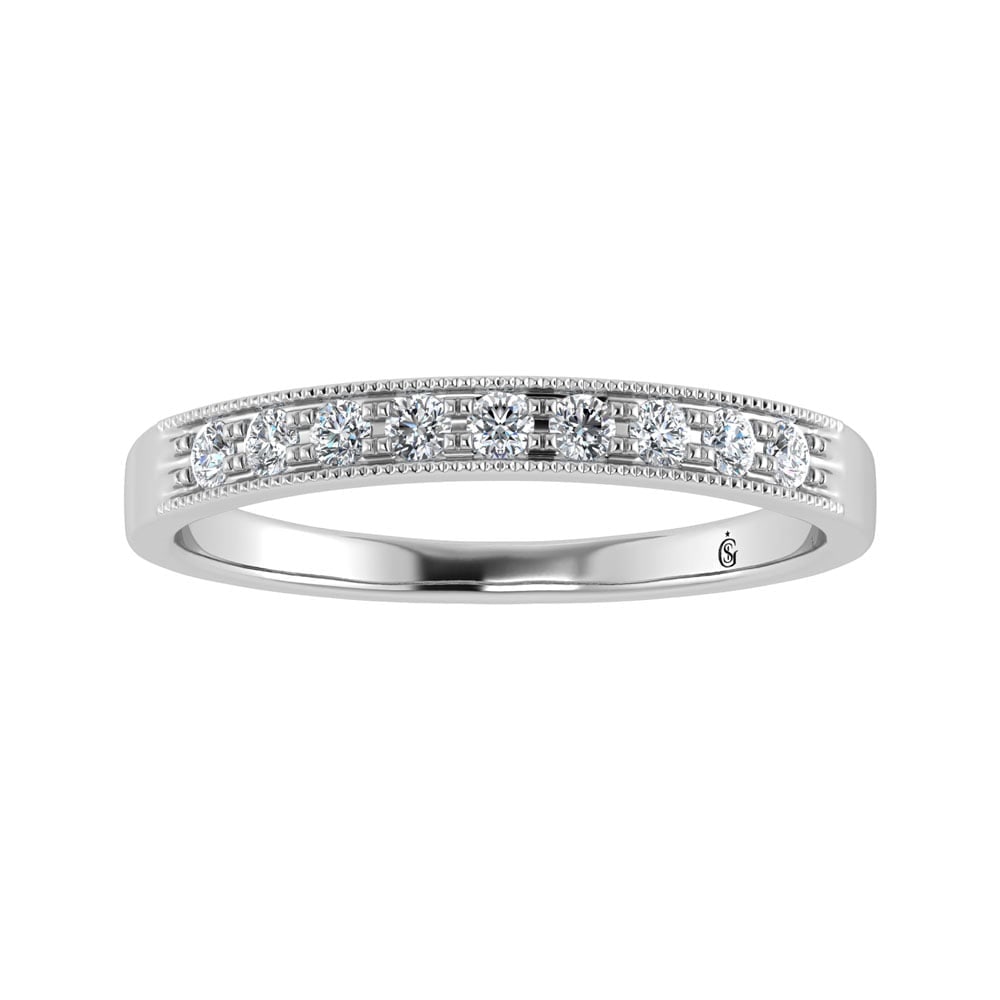 14K White Gold Diamond 1/4.Ct. Tw. Mens Machine Band: 14K White Gold Diamond 1/4.Ct. Tw. Mens Machine Band 14k White Gold Stone Color: G-h Stone Clarity: Si2 Each ring is presented in standard size 6.5. Complimentary resizing is available between sizes 5
